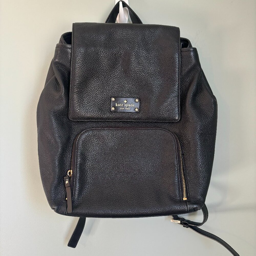 Kate Spade Black Pebble Leather Flap Backpack